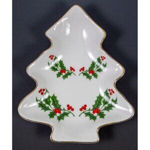 Christmas Holly Fine Porcelain Tree Shaped Candy Nut Trinket Dish Japan